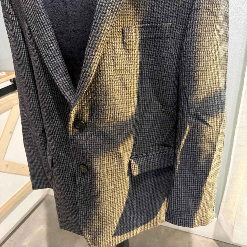 100% Wool Chaps Herringbone Checker Brown Suede Elbow Patches Blazer Jacket 46R